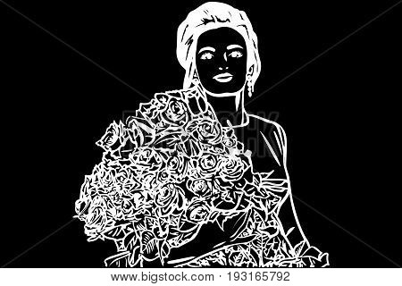 Black and white vector sketch of a beautiful girl with a bouquet of roses
