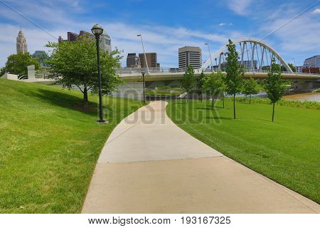 The Scioto Trail runs along the river in Columbus, Ohio