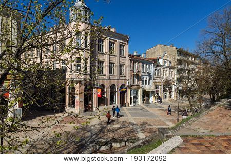 SHUMEN, BULGARIA - APRIL 10, 2017:  Central pedestrian street bul. Slavyanski in city of Shumen, Bulgaria