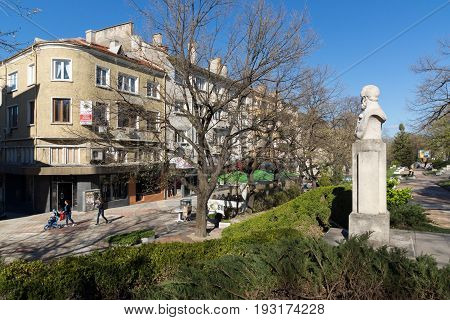 SHUMEN, BULGARIA - APRIL 10, 2017:  Central pedestrian street bul. Slavyanski in city of Shumen, Bulgaria