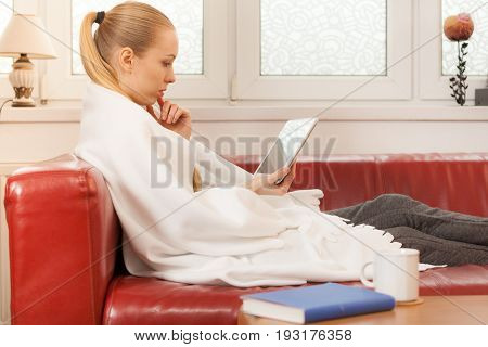 Young woman lying on sofa under warm blanket relaxing using tablet reading news and checking social media having fun during leisure time. Modern relaxation.