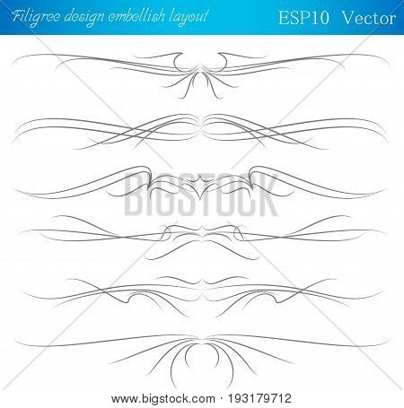 Set of filigree design embellish layout. Vector illustration.