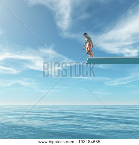 Young man jumping from diving board into sea. This is a 3d render illustration
