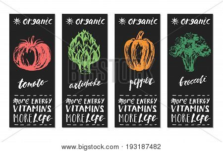 Hand drawn vegetable label set with lettering. Tomato artichoke pepper broccoli. Eco bio organic farm product.