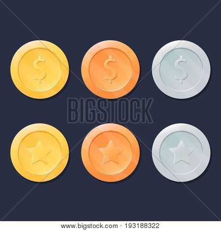 Video Game Coins Or Medals Set. Gold, Silver And Bronze. Graphic User Interface Design Element