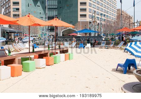 DETROIT, MI - MAY 8: View of People enjoying the revitalized Campus Martius park in Detroit, MI on May 8, 2014