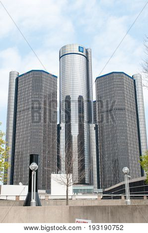DETROIT, MI - MAY 8: View of General Motors World Headquarters where the majority of GM operations are based in downtown Detroit on May 8, 2014