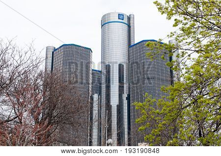 DETROIT, MI - MAY 8: View of General Motors World Headquarters where the majority of GM operations are based in downtown Detroit on May 8, 2014