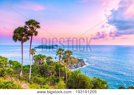 Landscape viewpoint of Laem Phromthep Cape at sunset sky. The most famous tourist attraction in Phuket province Thailand.