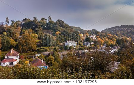 A view of the coastal streets of the outskirts of Torquay. Autumn morning. Devon. England