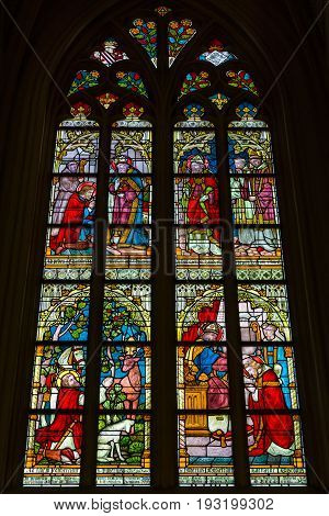 MAASTRICHT NETHERLANDS - JANUARY 16 2016: Stained glass windows of Basilica of Saint Servatius the oldest church in the Netherlands.
