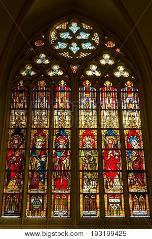 MAASTRICHT NETHERLANDS - JANUARY 16 2016: Stained glass windows of Basilica of Saint Servatius the oldest church in the Netherlands.