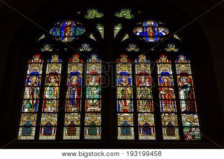 MAASTRICHT NETHERLANDS - JANUARY 16 2016: Stained glass windows of Basilica of Saint Servatius the oldest church in the Netherlands.
