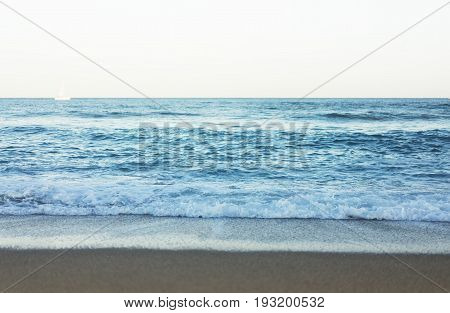 Waves of blue quiet ocean coast landscape. Background sea scape and sand beach coastline. Panorama horizon perspective view nature hiliday. Travel summer concept backdrop water seascape mock up