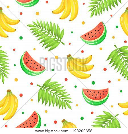 Tropical  fruits isolated on white background. Tiled summer pattern from watermelon, bananas and palm leaves. Fresh tropical fruits seamless background.