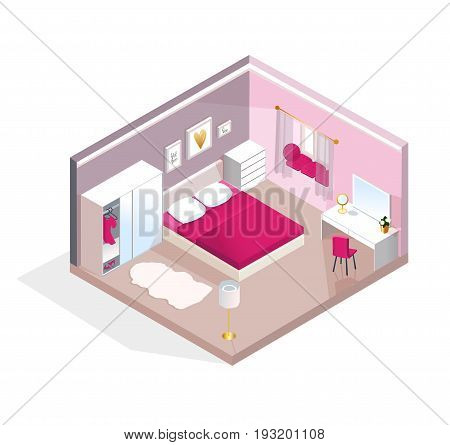 Interior isometric view for Young Women or teen girl. Modern realistic pink bedroom design. Vector illustration