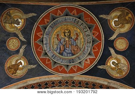 Bucharest, Romania - August 20, 2014: Painted detail from the ceiling of the narthrex (outside porch) of the Orthodox Church in Antim Monastery, Bucharest, Romania.