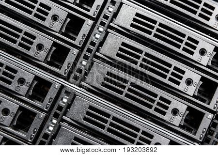 close-up of hard drives in data center