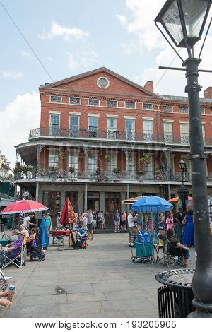 NEW ORLEANS, LA - APRIL 13: View of Street in the French Quarter of New Orleans, Louisiana showing historic buldings with unique architecture on April 13, 2014