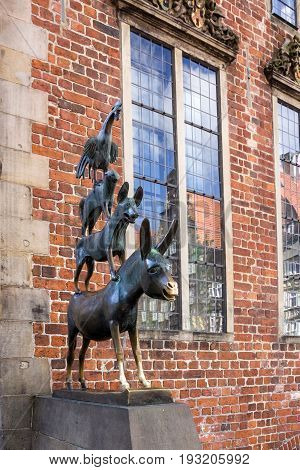 Bremen, Germany - May 7, 2017: Bremen musicians monument in Bremen, Germany