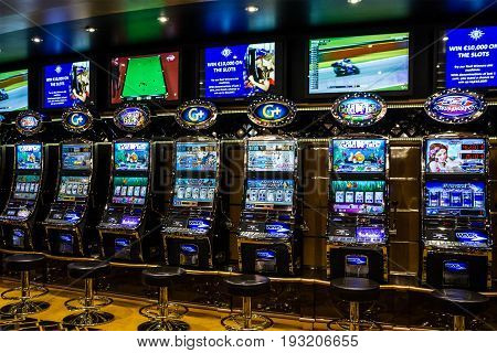 Cruise liner Splendida - May 7, 2017: Gaming slot machines in gambling casino, Cruise liner Splendida, MSC