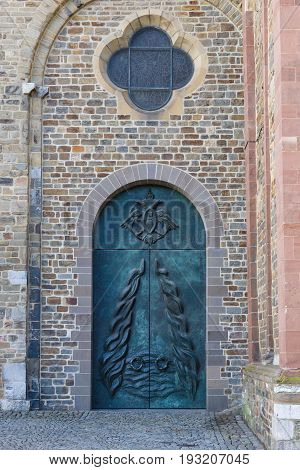 The Netherands. Maastricht. Vrijthof square. Gate of Basilica of Saint Servatius. It was built around the year 1000 AD.