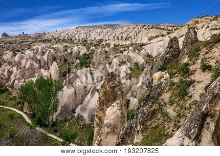 Mountain rock landscape view. Cappadocia, Anatolia, Turkey.