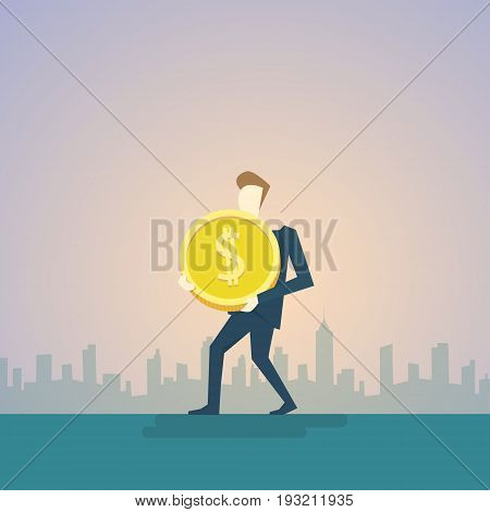 Rich Business Man Hold Coin Money Finance Success Flat Vector Illustration