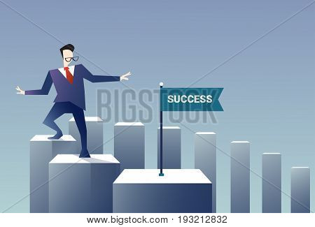 Business Man Walk Financial Chart Bar Success Money Income Concept Flat Vector Illustration