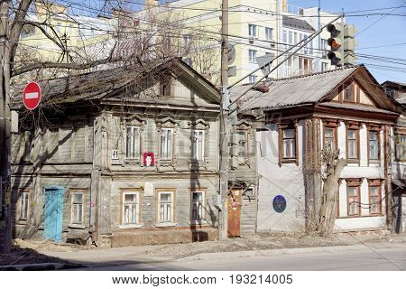 Nizhny Novgorod, Russia. - April 10.2017. The old wooden house on Malaya Yamskaya 41