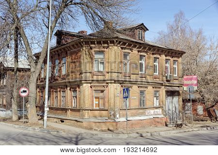 Nizhny Novgorod, Russia. - April 10.2017. The old wooden house on Malaya Yamskaya 23