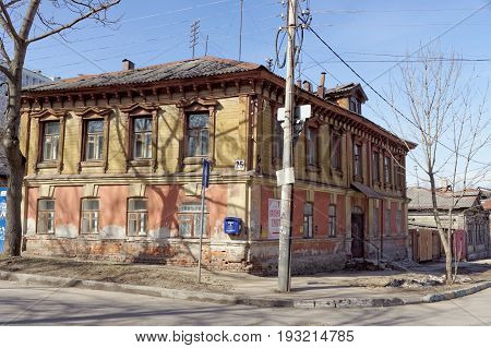 Nizhny Novgorod, Russia. - April 10.2017. The old wooden house on Malaya Yamskaya 25