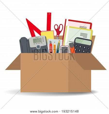 Office accessories in a cardboard box isolated on a white background. There is a phone, a calculator, folders, scissors, ruler, pen, marker and other stationery in the picture. Vector illustration