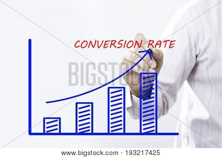 "CONVERSION RATE" text with hand of young businessman point on virtual graph Blue line and bar showing on increasing with background -business finance salary crisis and development concept