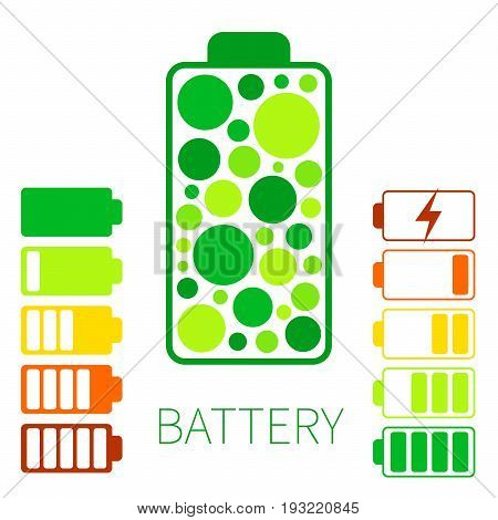 Set color battery icon. Charging and discharging of energy in battery.