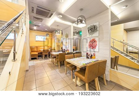 MOSCOW - AUGUST 2014: The interior of chain cafe pan-Asian cuisine - 