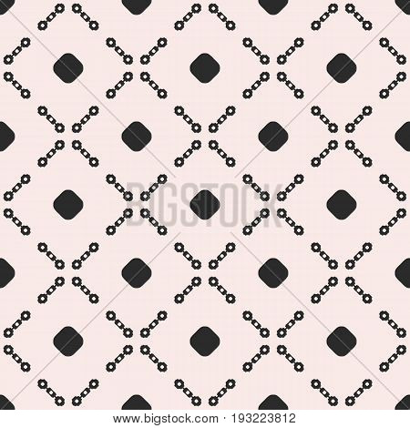 Vector seamless pattern, subtle monochrome texture with simple geometric figures, circles, chains, diagonal lattice, square, grid. Abstract background repeat tiles. Design for prints, decor, textile.