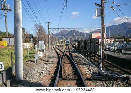 View of Japanese railways station in Tokyo Japan