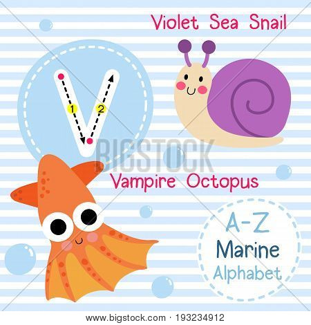Cute children sea alphabet flashcard of funny marine animal cartoon V letter tracing for kids learning English vocabulary vector illustration.