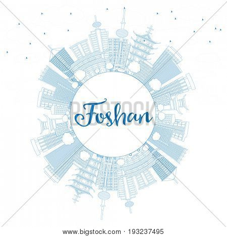 Outline Foshan Skyline with Blue Buildings and Copy Space. Business Travel and Tourism Concept with Modern Architecture. Image for Presentation Banner Placard and Web Site.