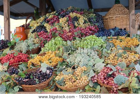 Baskets Of Ripe Grapes And A Carboy In Fall