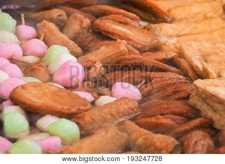 Various types of oden boiling hot soup, Japanese food