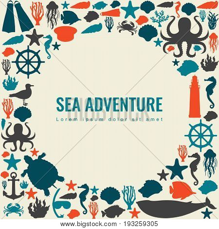 Sea icons and symbols set. Sea animals. Nautical design elements. Vector illustration