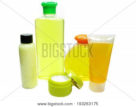 bottles of shampoo and shower gel cosmetic set
