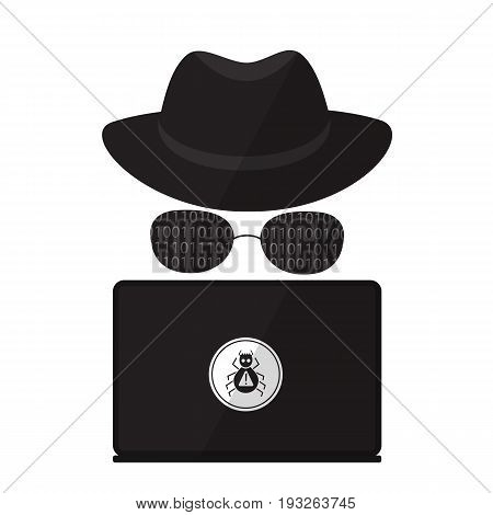 A computer hacker in sunglasses in a hat with a laptop. Virus Attack.