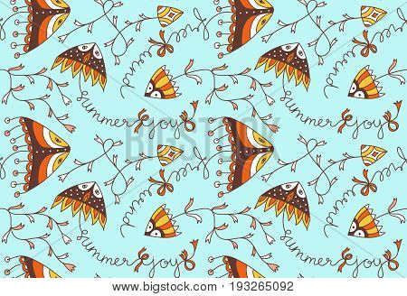 Vector seamless pattern with flowers and butterflies of doodles. Floral background in hand drawn childish style.