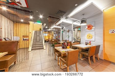 MOSCOW - AUGUST 2014: The interior of chain cafe pan-Asian cuisine - 