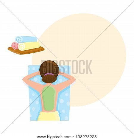 Young woman getting algae mask, mud treatment in spa salon, top view cartoon vector illustration with space for text. Top view picture of woman getting mud, algae mask on her back in spa salon