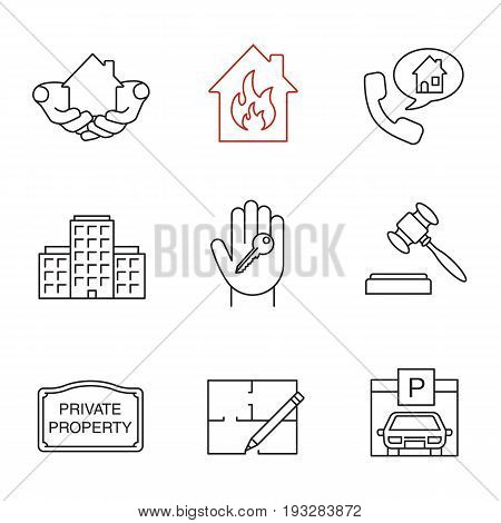 Real estate market linear icons set. House in hands, multi-storey building, floor plan, hand with key, private property sign, gavel. Thin line contour symbols. Isolated vector outline illustrations