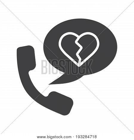 Breakup by phone glyph icon. Silhouette symbol. Handset with heartbreak inside chat bubble. Negative space. Vector isolated illustration
